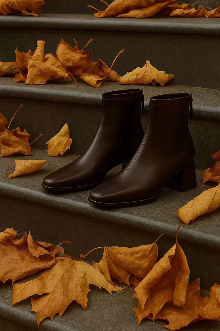 Ankelboots dam i läder med blockklack och fyrkantig tå