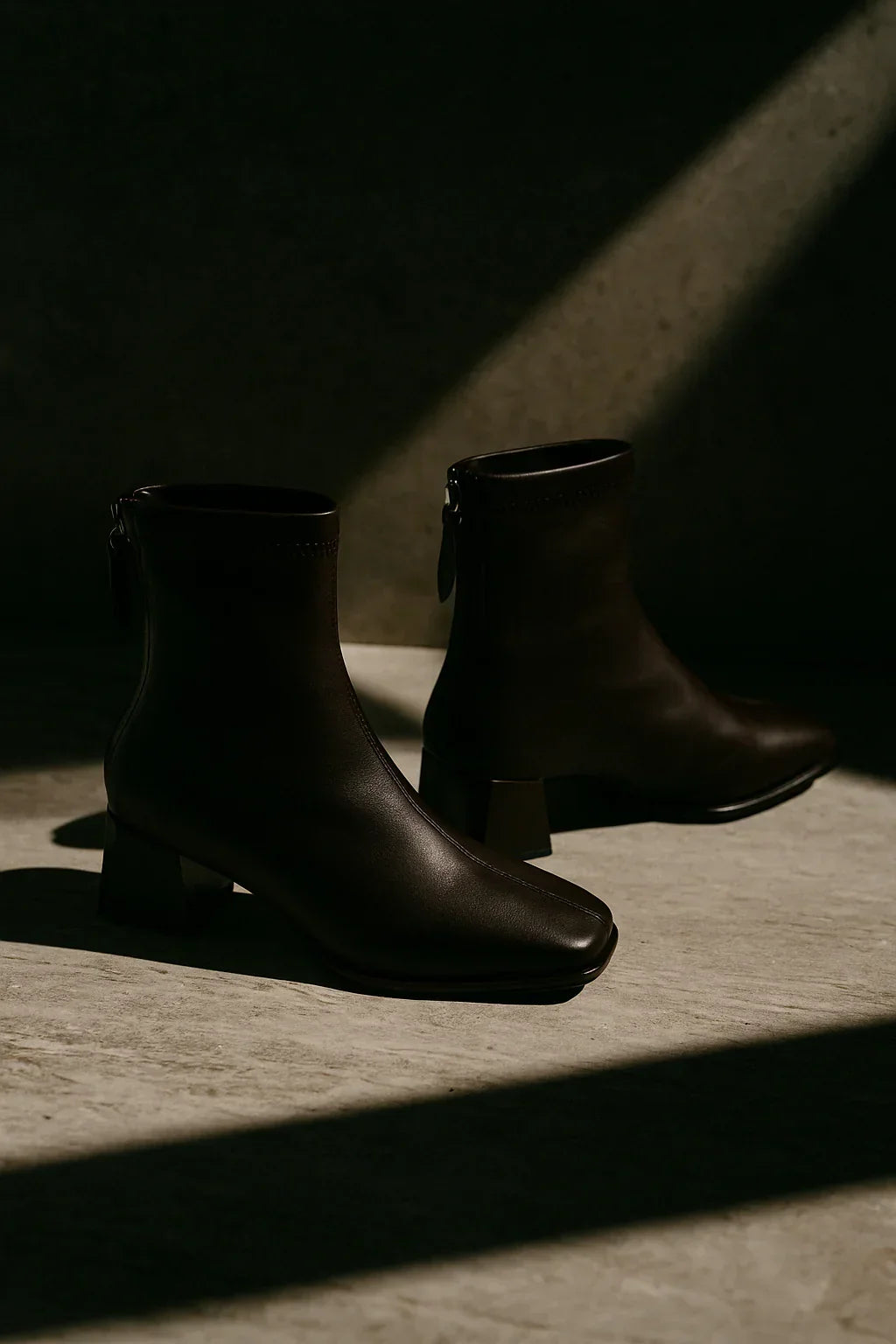 Ankelboots dam i läder med blockklack och fyrkantig tå
