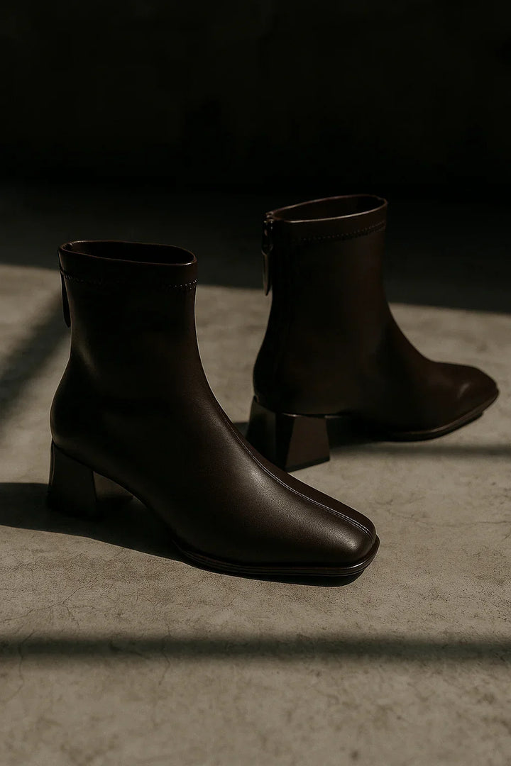 Ankelboots dam i läder med blockklack och fyrkantig tå