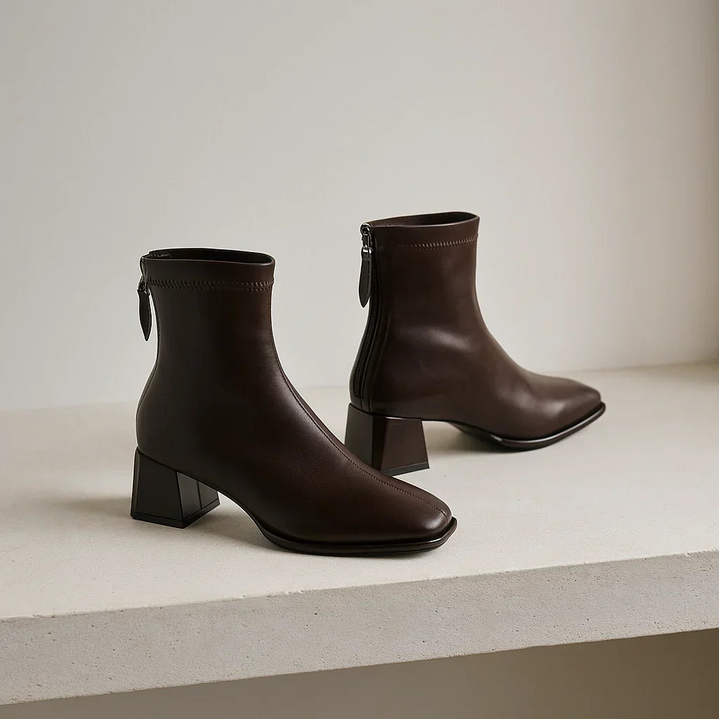 Ankelboots dam i läder med blockklack och fyrkantig tå
