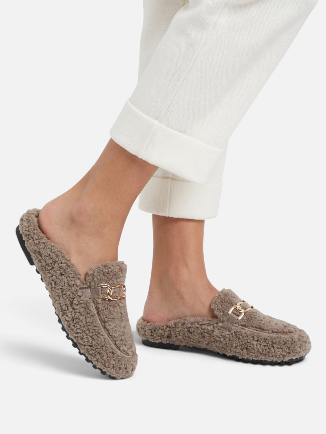 Loafer-mules i sherpa med kedja för dam