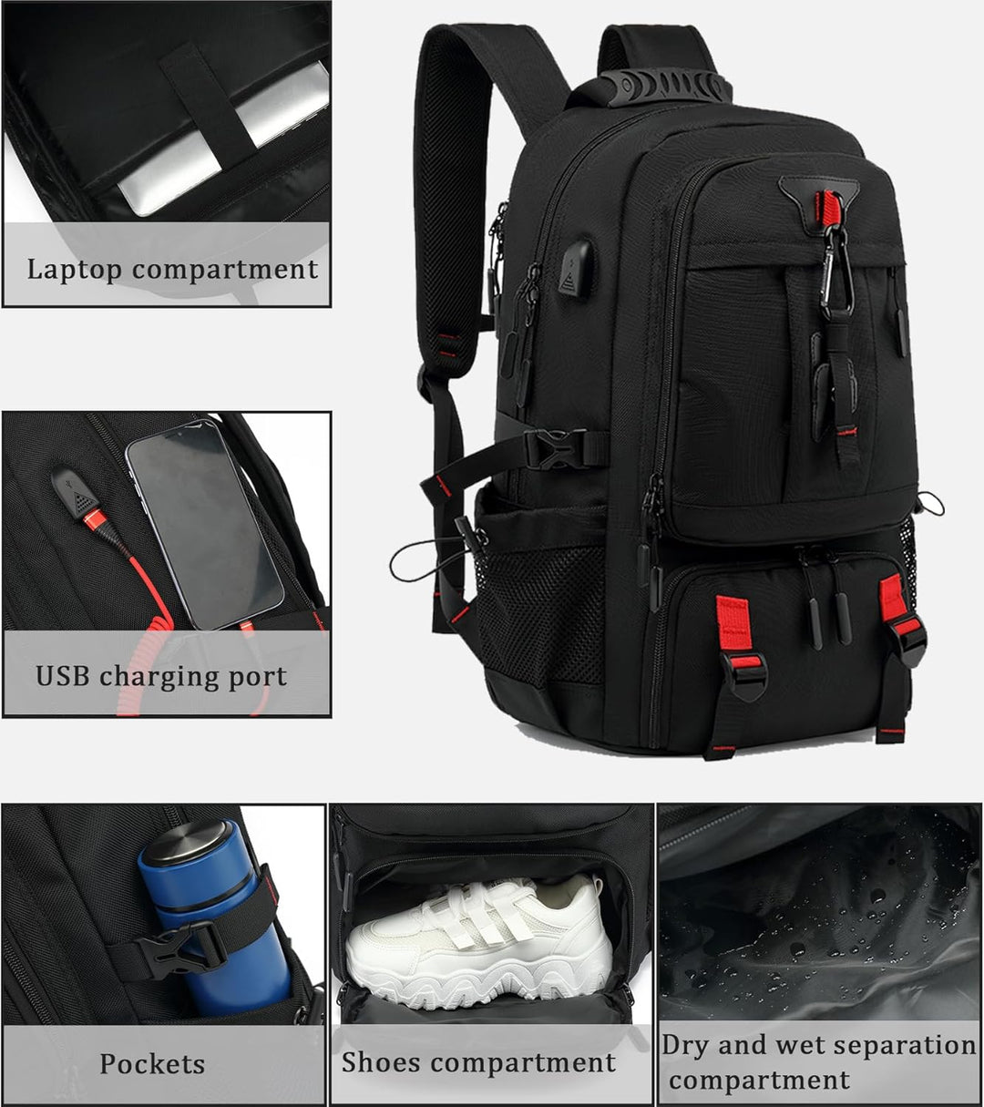 60 L vattentät resryggsäck för laptop med USB och skofack