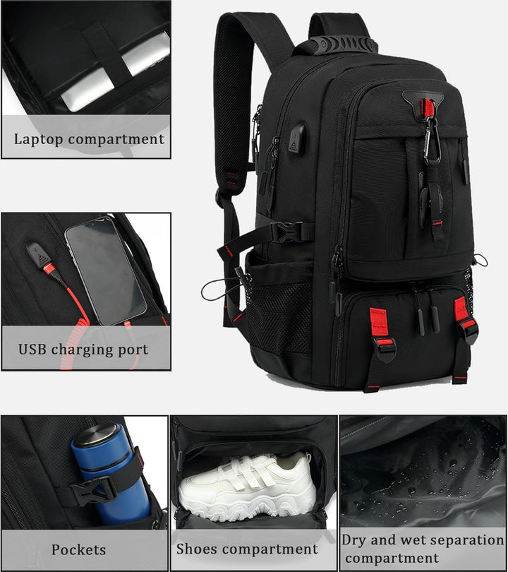 60 L vattentät resryggsäck för laptop med USB och skofack