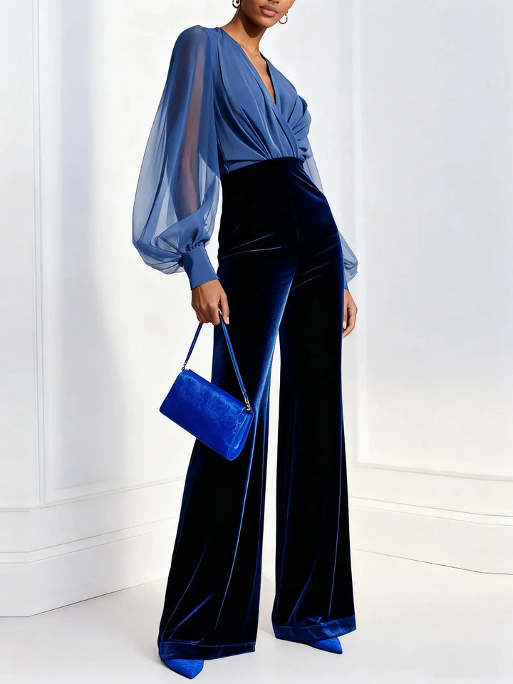 Jumpsuit dam i velour med vida ben, blå, med V-ringning