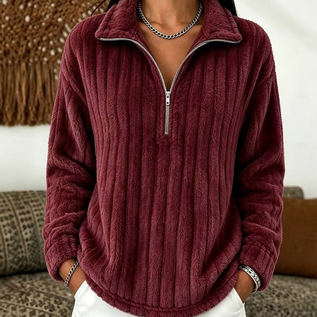 Fleecetröja dam med halv dragkedja - Ribbstickad pullover
