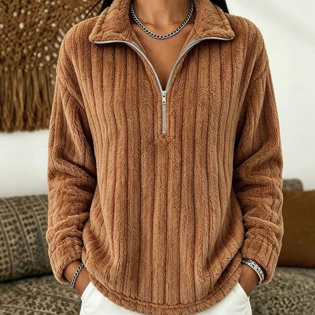 Fleecetröja dam med halv dragkedja - Ribbstickad pullover
