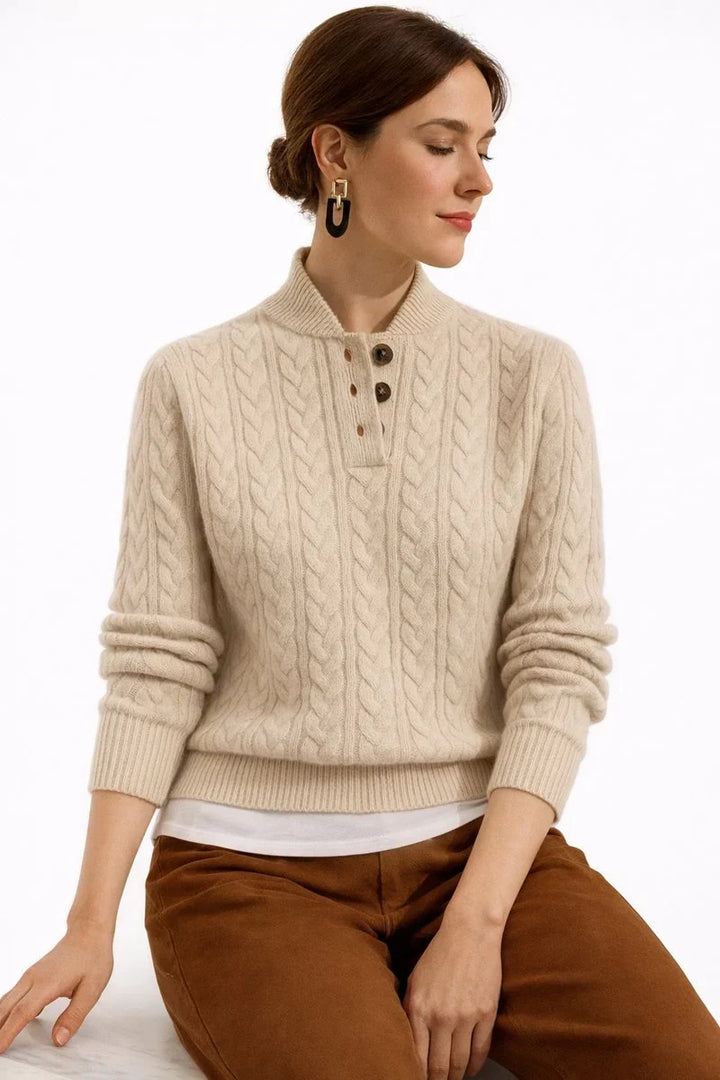 Kabelstickad tröja med polokrage och knappar för dam – Stickad pullover